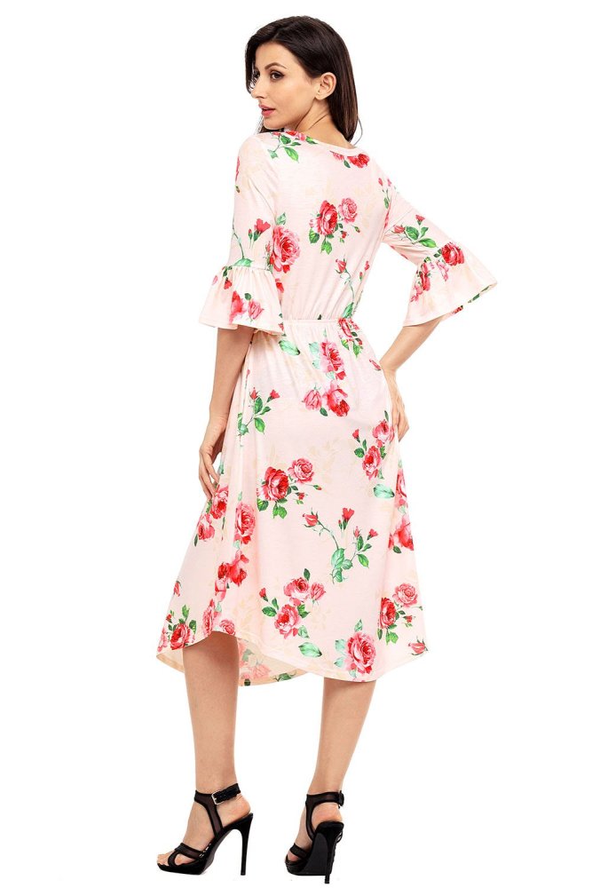 Light Blue 3/4 Bell Sleeve Floral Midi Dress