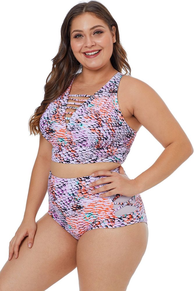 Plus Size Tropical Print Neck Detail Two Piece Swimwear