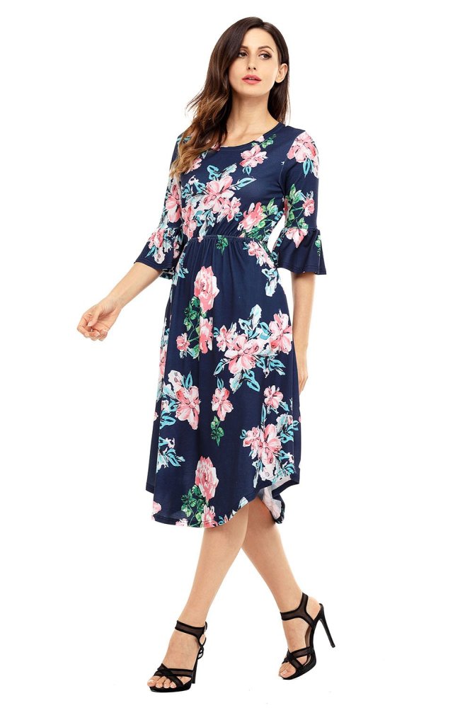Light Blue 3/4 Bell Sleeve Floral Midi Dress