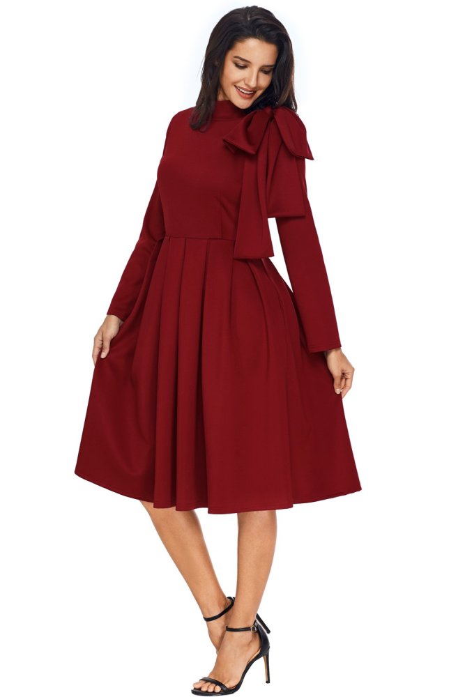 Burgundy Bowknot Embellished Mock Neck Pocket Dress