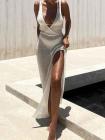 Sleeveless V Neck Sheer Maxi Dress With Slit
