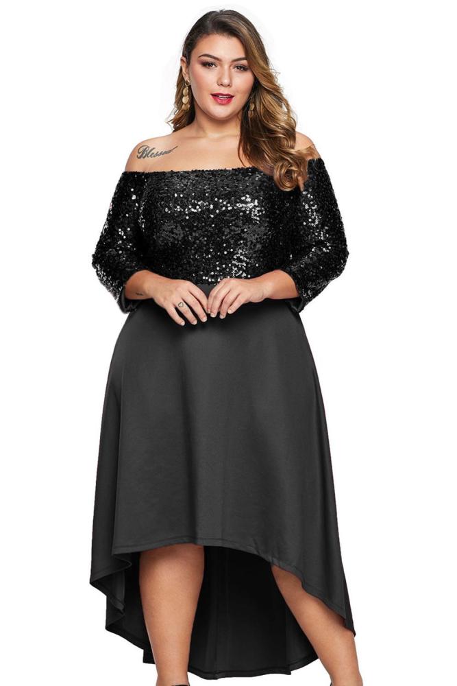 Off Shoulder Sequin Bodice Hi-lo Plus Size Dress