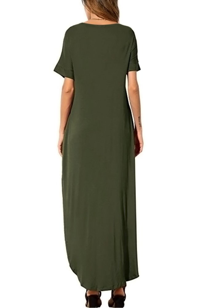 Casual Loose Pocket Short Sleeve Split Maxi Dress