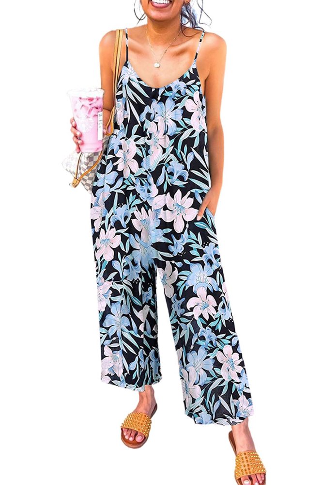 Palm Leaves Print Spaghetti Strap Wide Leg jumpsuit
