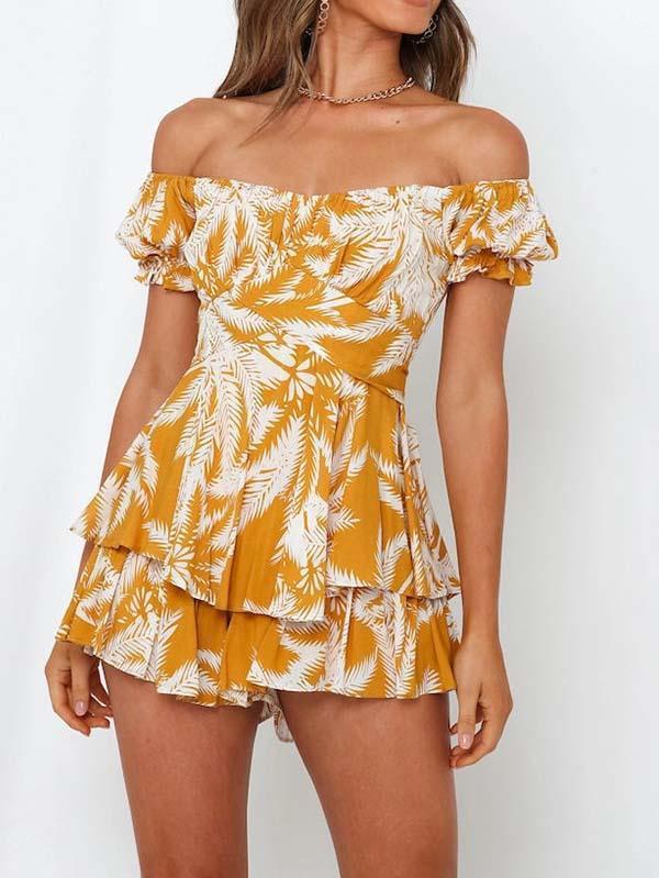 Women's Off Shoulder Short Sleeves Layered Ruffle Rompers