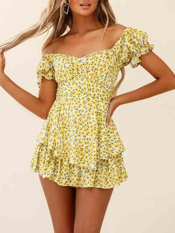 Women's Off Shoulder Short Sleeves Layered Ruffle Rompers