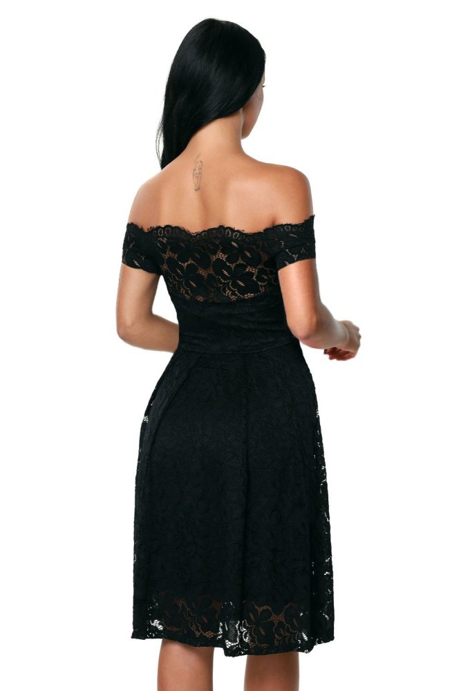 Wine Scalloped Off Shoulder Flared Lace Dress