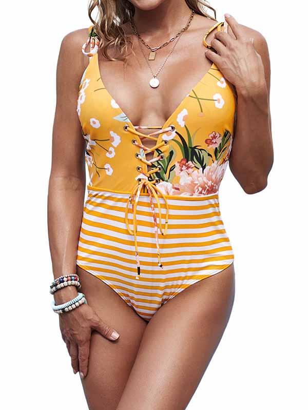 Floral Print Eyelet Cross Lace Up Swimwear Stripe Monokini