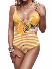Floral Print Eyelet Cross Lace Up Swimwear Stripe Monokini