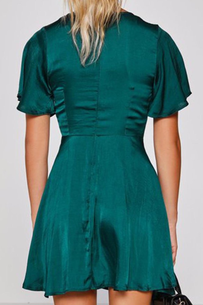Butterfly Sleeve Satin Knot Front High Waist Mini Dress