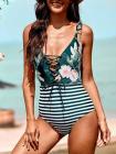 Floral Print Eyelet Cross Lace Up Swimwear Stripe Monokini