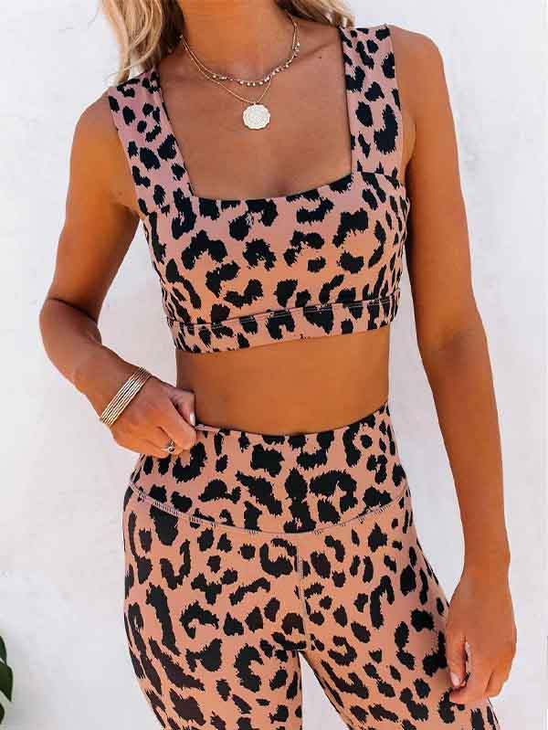 Sports Wear For Women Leopard Square Neck Crop Top High Waisted Leggings Set
