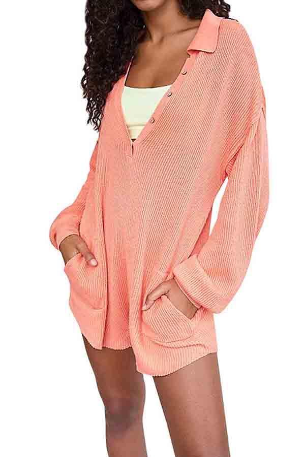 Womens Rib Knit V-shape Lapel Long Sleeve Romper Shorts