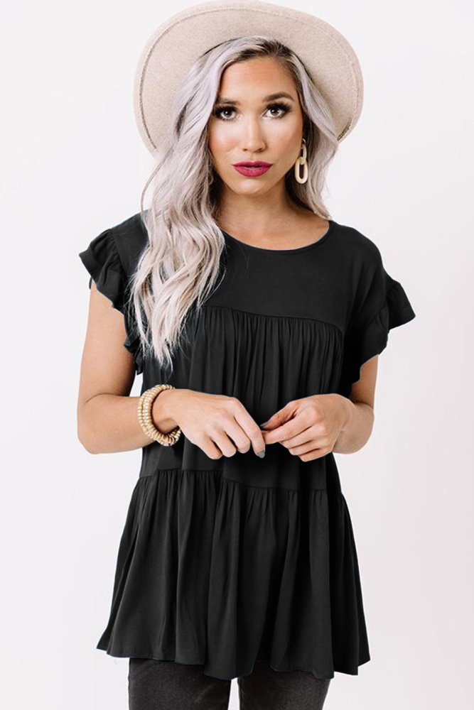 Short Sleeve Keyhole Ruffled Babydoll Top