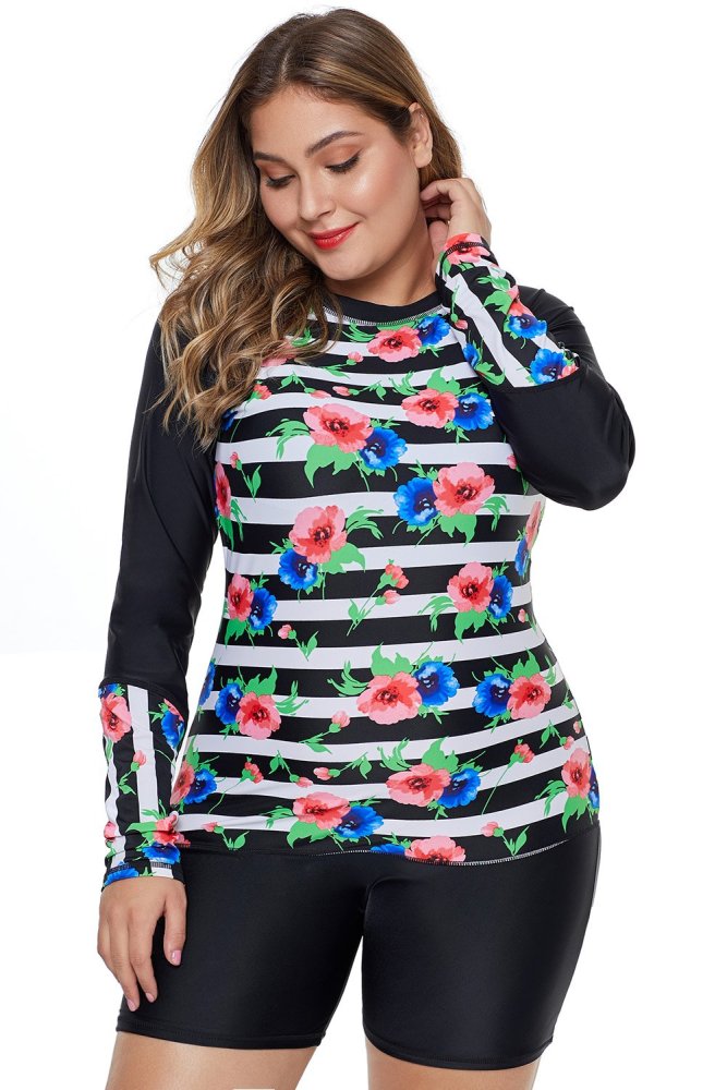 Striped Floral Patchwork Long Sleeve One-piece Swimsuit