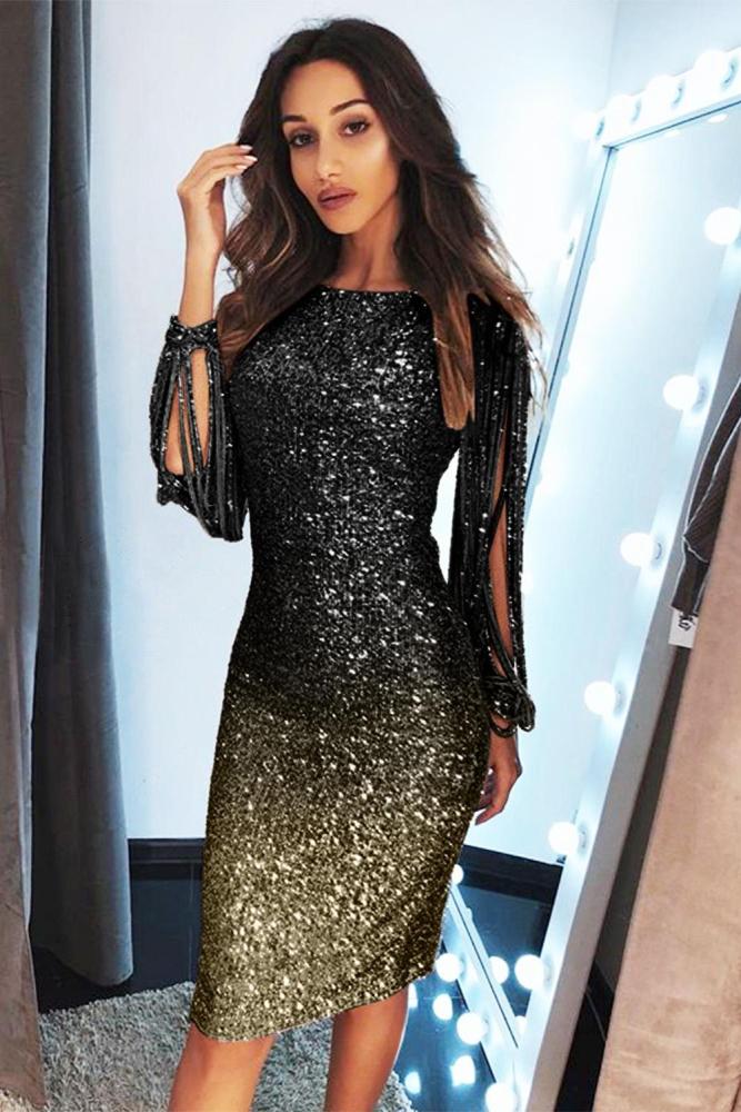 Ombre Sequin Tassel Sleeve Bodycon Evening Dress