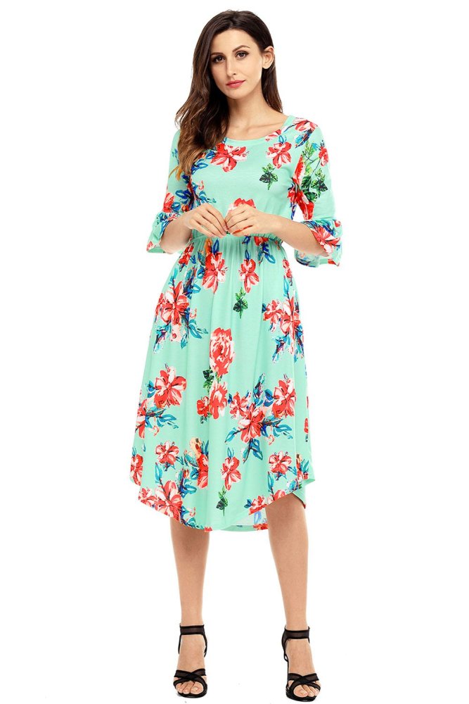Light Blue 3/4 Bell Sleeve Floral Midi Dress