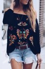 Embroidered Off Shoulder Long Sleeve Bohemian Floral Blouse