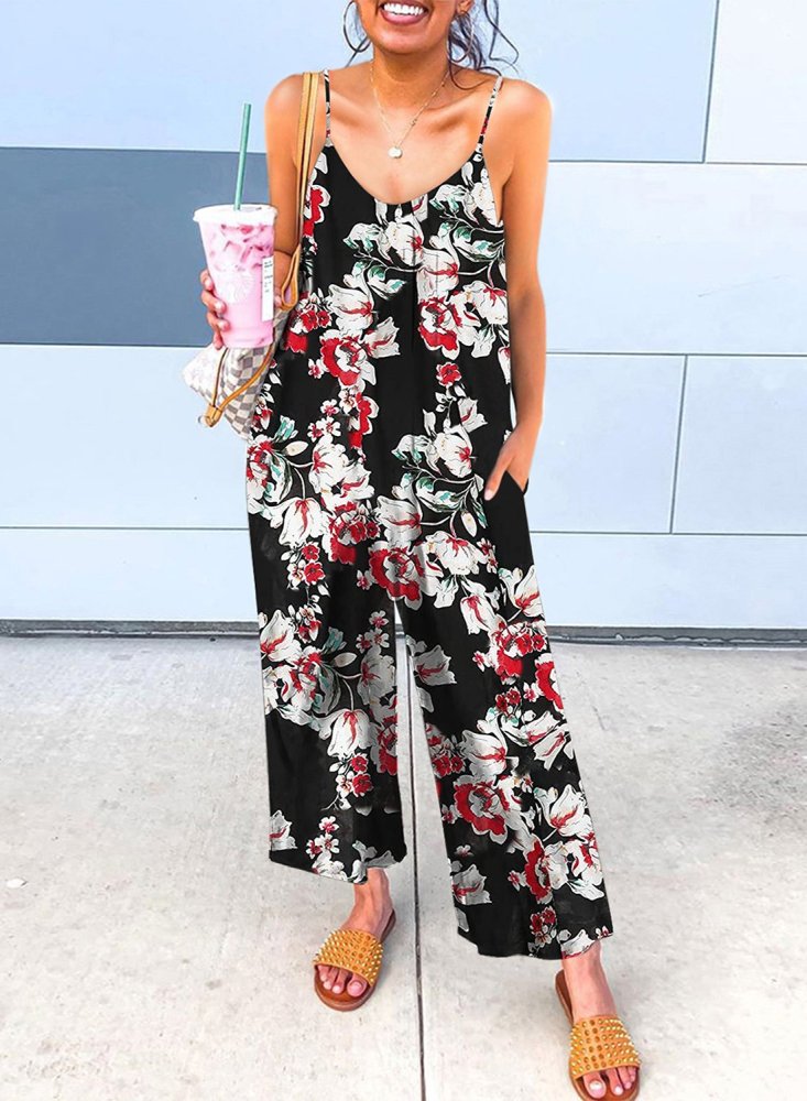 Palm Leaves Print Spaghetti Strap Wide Leg jumpsuit