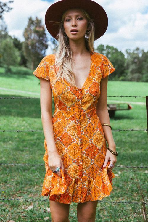 Vintage V-Neck Print Mini Dress