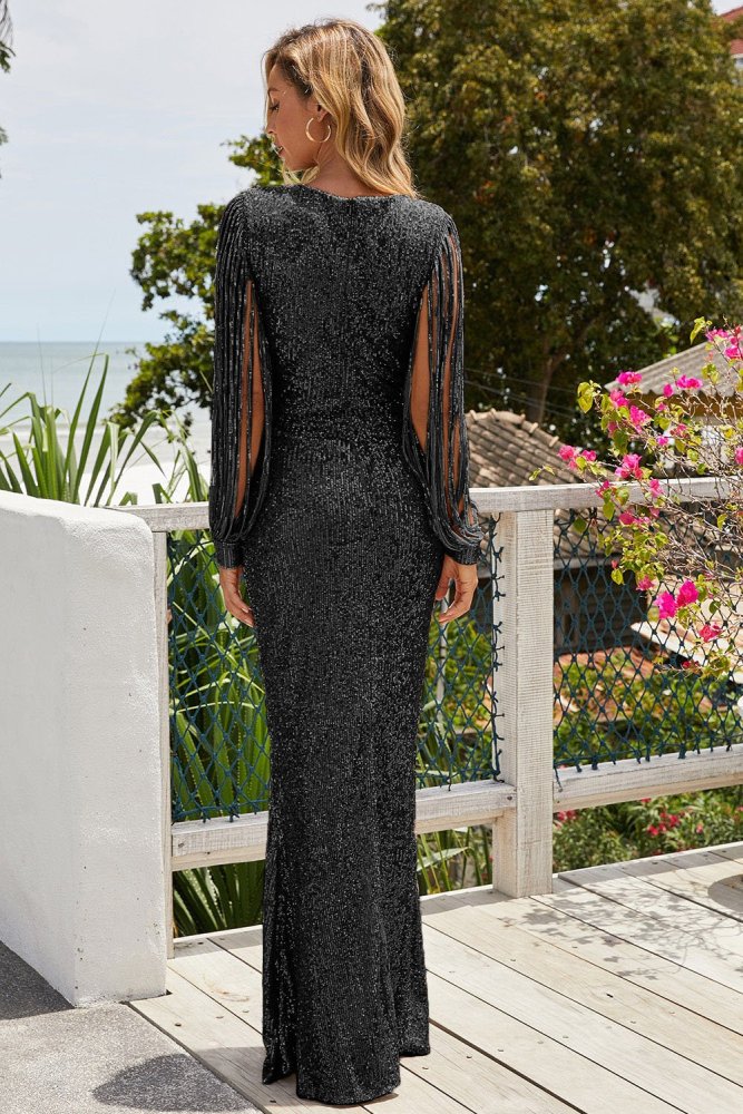 Sequin Fringe Sleeve Party Maxi Evening Dress