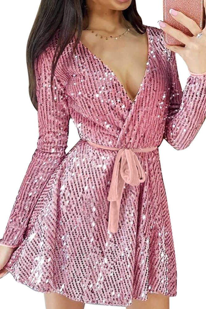 Sequin Deep V Long Sleeve Evening Dress with Waist Tie