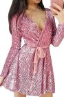 Sequin Deep V Long Sleeve Evening Dress with Waist Tie