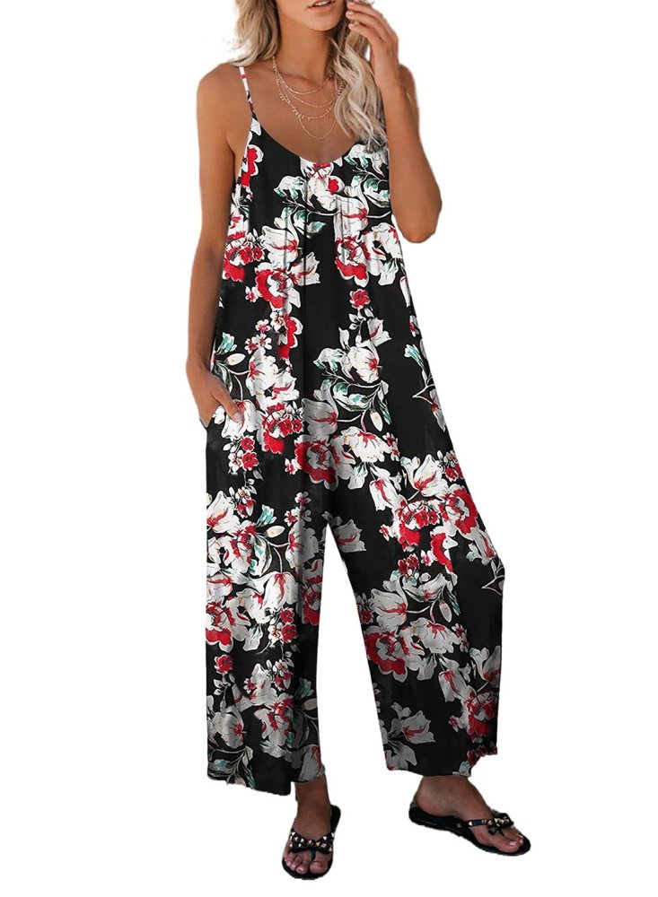 Palm Leaves Print Spaghetti Strap Wide Leg jumpsuit