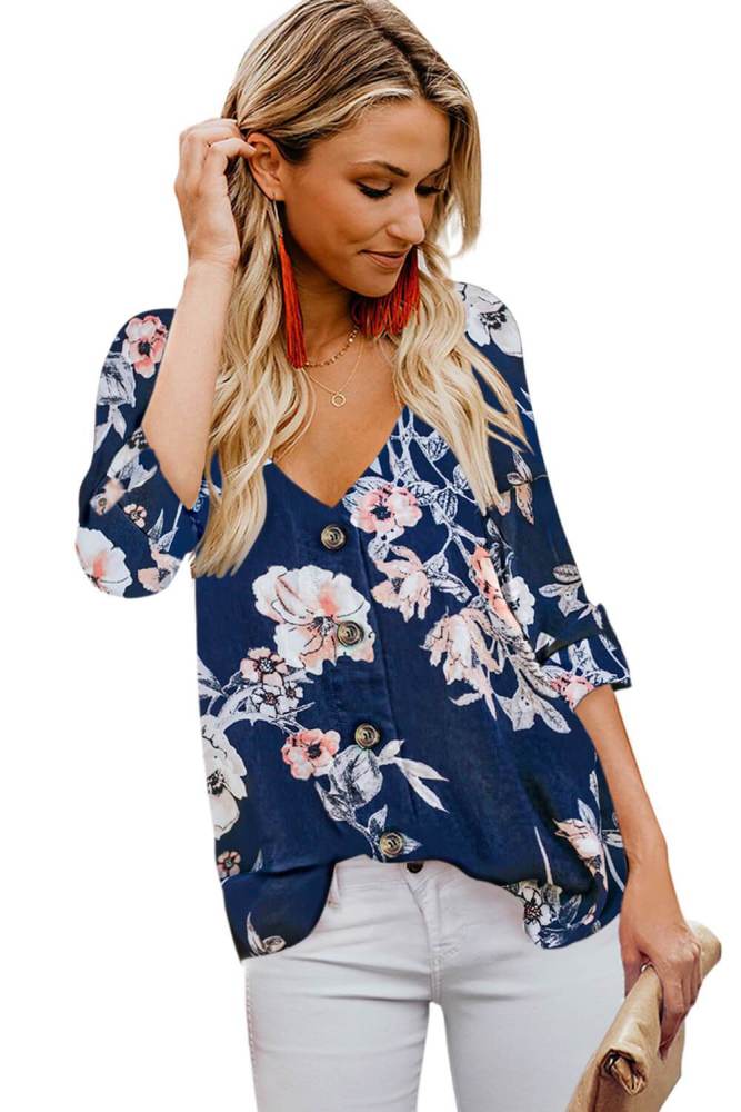 V Neck Buttoned Floral Print Blouse