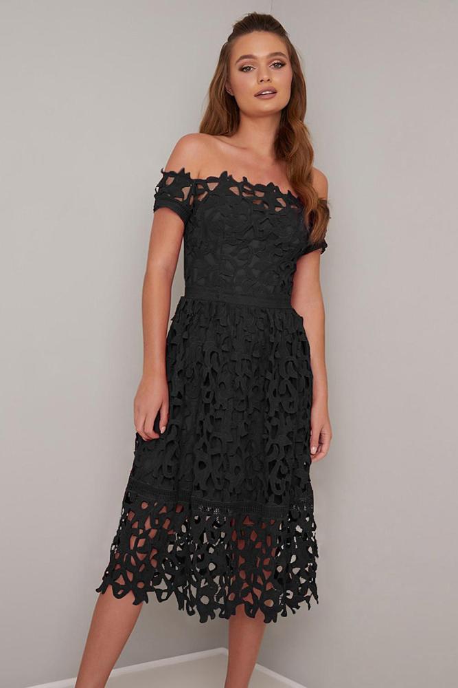 Off Shoulder Short Sleeve Crochet Party Dress