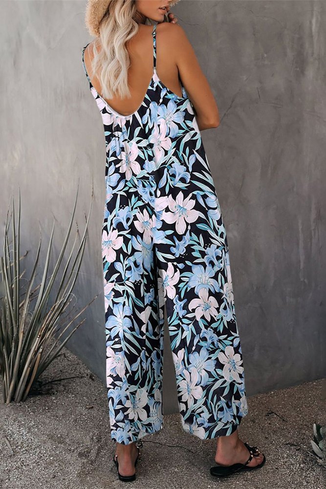 Palm Leaves Print Spaghetti Strap Wide Leg jumpsuit