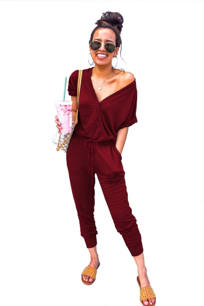V Neck Wrap Front Jumpsuits
