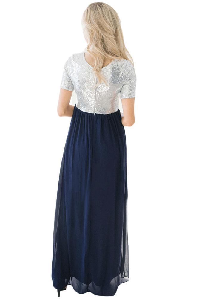 Chiffon Sequin Zipper Back Maxi Dress