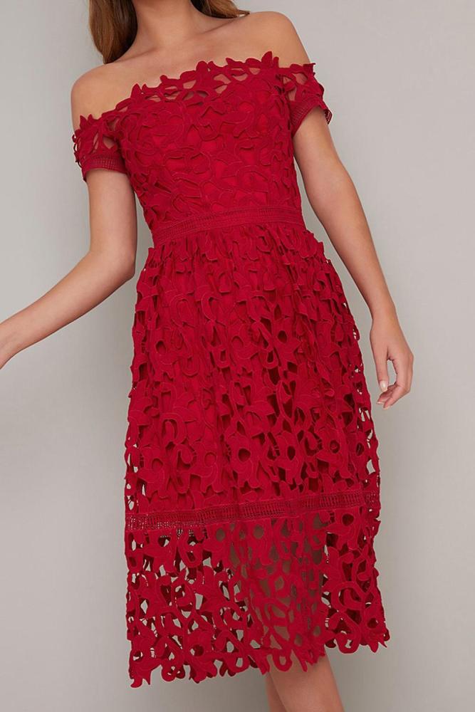 Off Shoulder Short Sleeve Crochet Party Dress