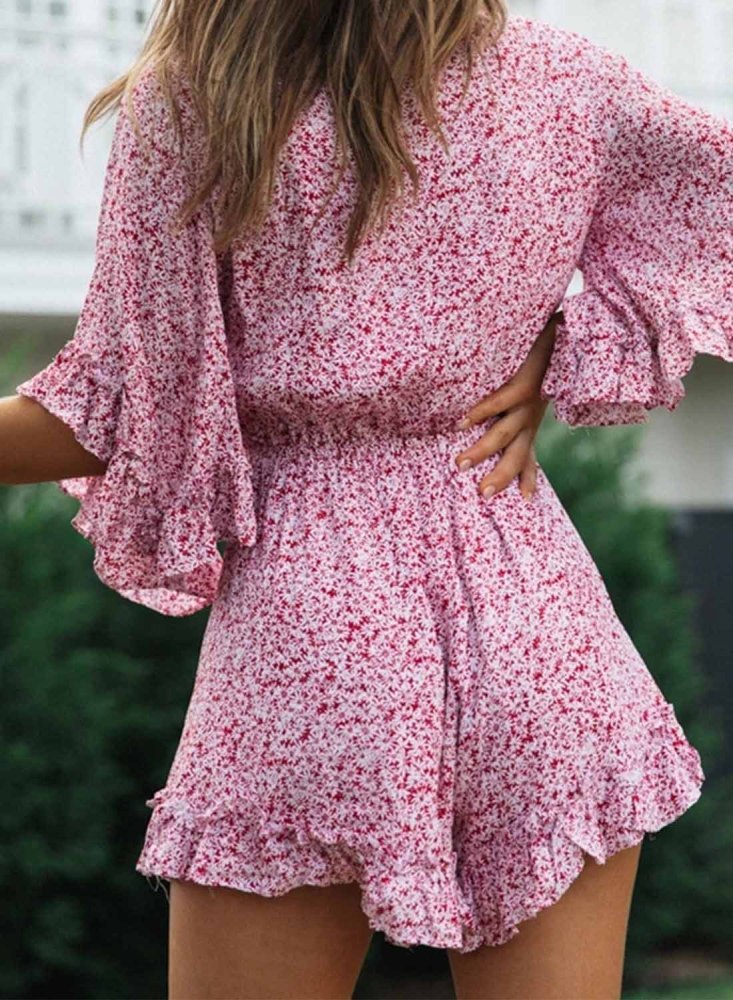 Women's Deep V Neck Flower Rompers With Tie
