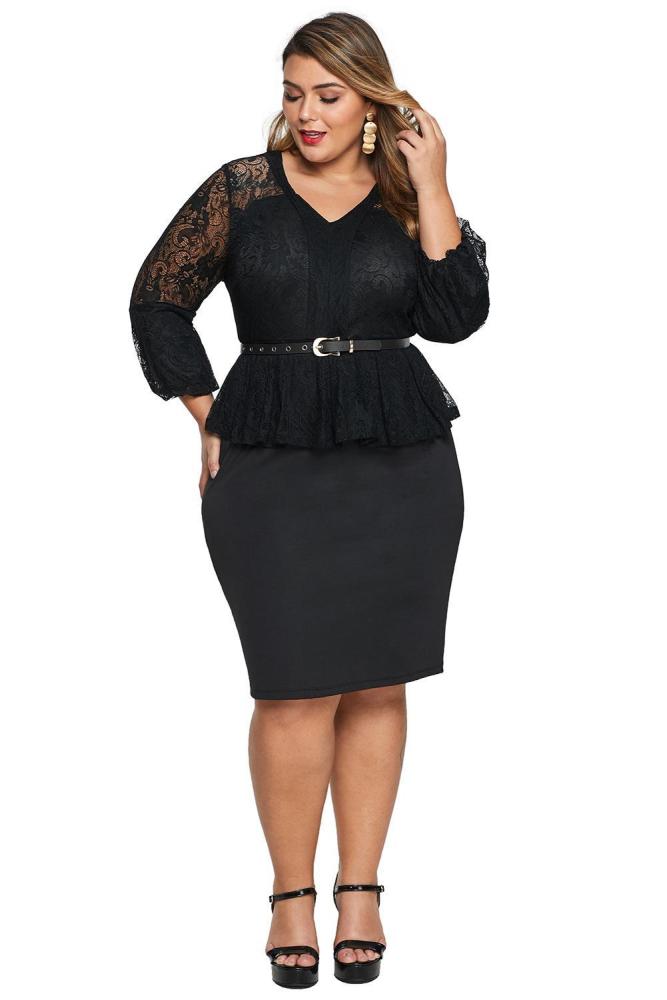 Plus Size Lace Bodice Peplum Dress with Belt
