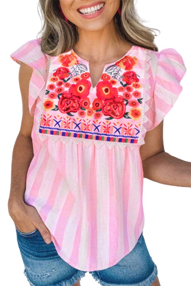 Striped Floral Ruffled V-Neck Blouse