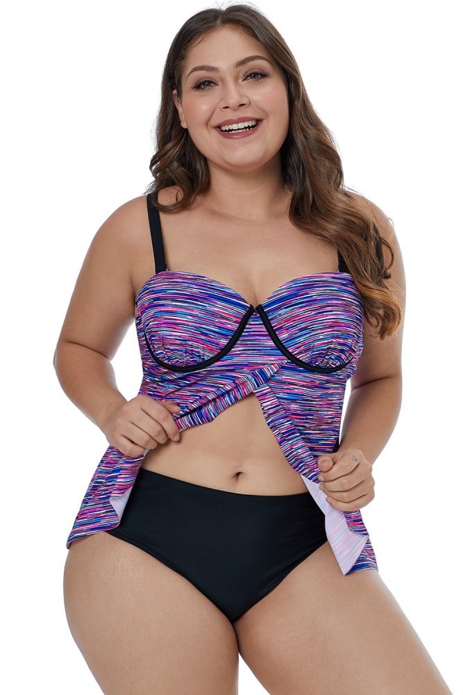Purplish Fuzzy Striped Flyaway Tankini Top