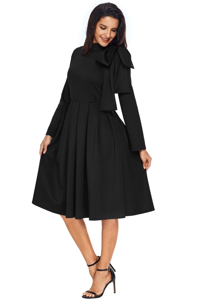 Burgundy Bowknot Embellished Mock Neck Pocket Dress