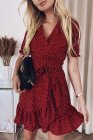 Bohemian Dotted Print Wrap V Neck Ruffled Mini Dress