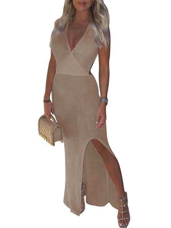 Sleeveless V Neck Sheer Maxi Dress With Slit