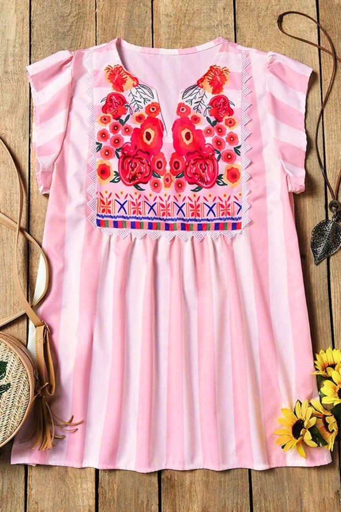 Striped Floral Ruffled V-Neck Blouse