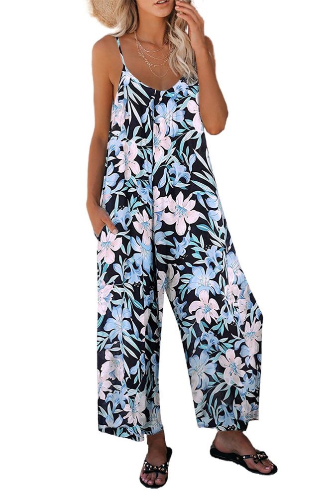 Palm Leaves Print Spaghetti Strap Wide Leg jumpsuit