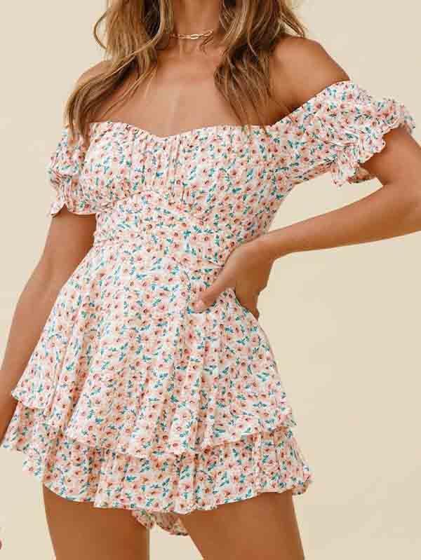 Women's Off Shoulder Short Sleeves Layered Ruffle Rompers