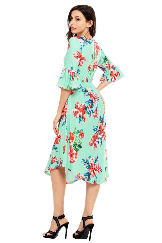 Light Blue 3/4 Bell Sleeve Floral Midi Dress