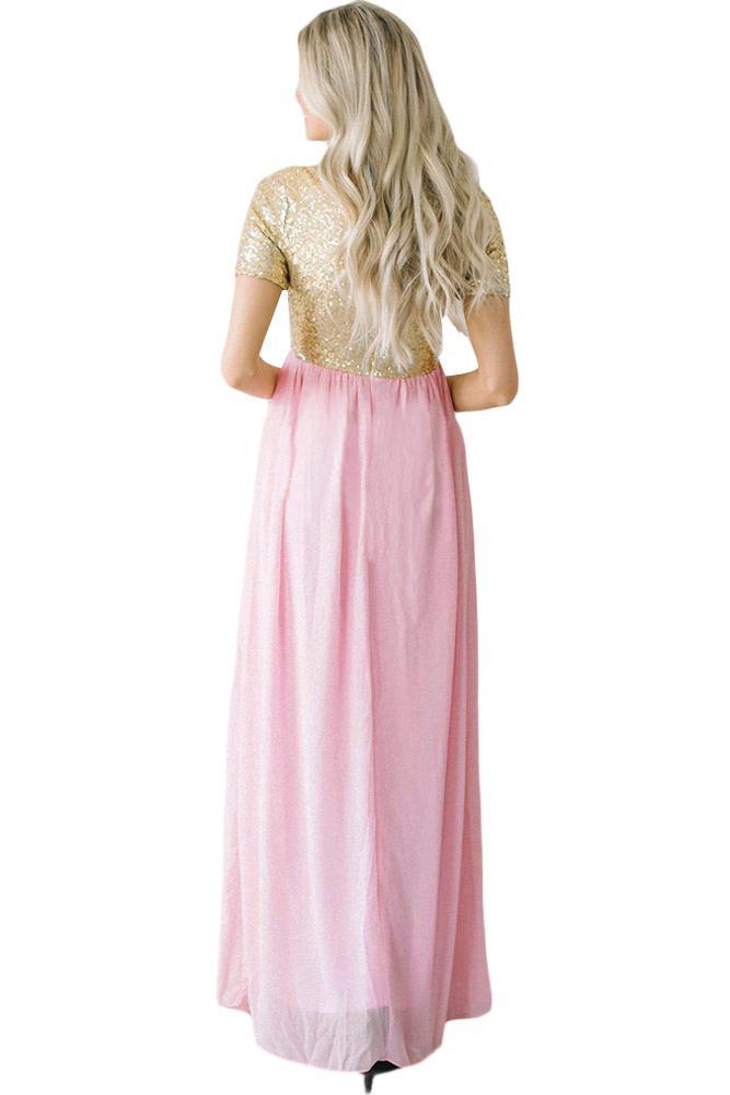 Chiffon Sequin Zipper Back Maxi Dress