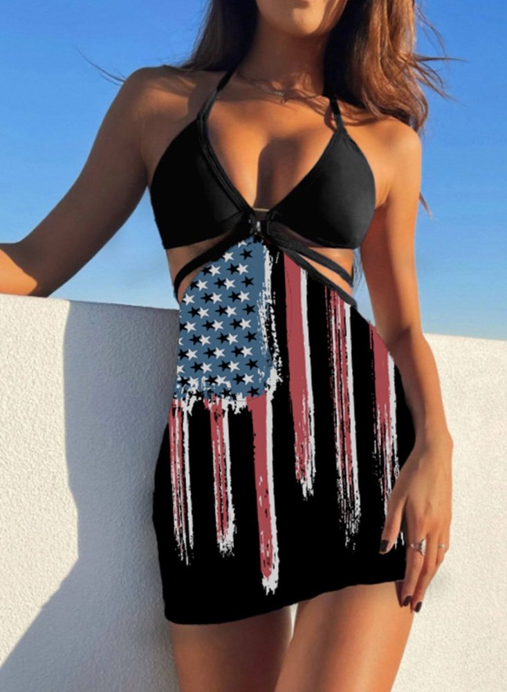 3Pcs Swimsuit Sexy Flag Halter Bikini Set For Women