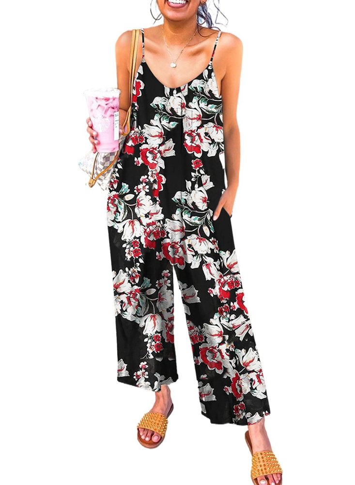 Palm Leaves Print Spaghetti Strap Wide Leg jumpsuit
