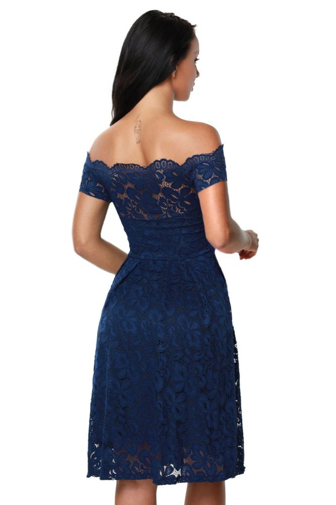 Wine Scalloped Off Shoulder Flared Lace Dress