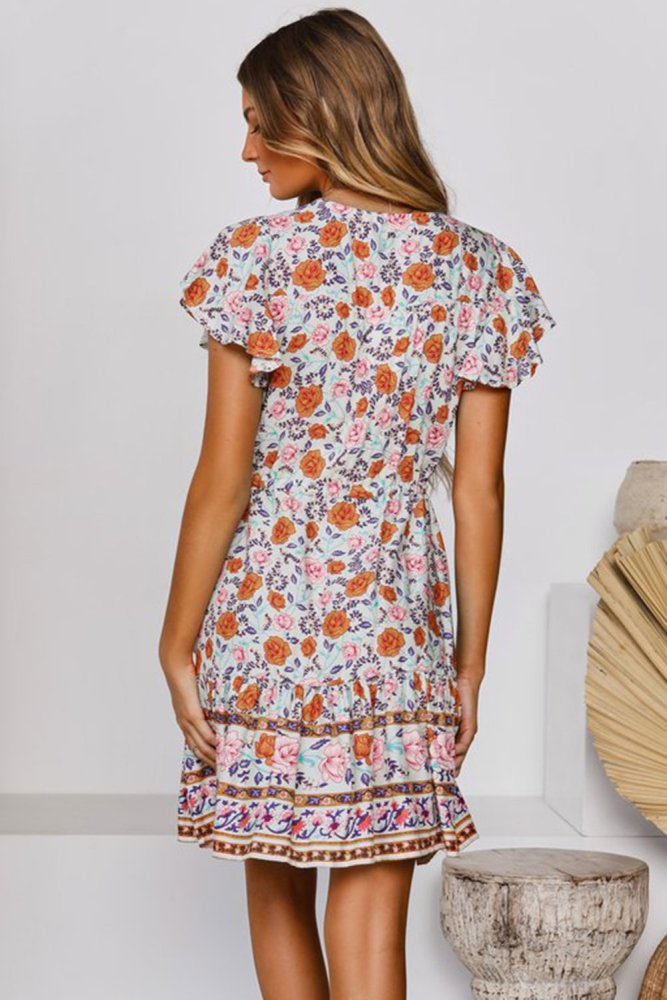 Deep V High Waist Tie Short Ruffle Sleeve Mini Dress